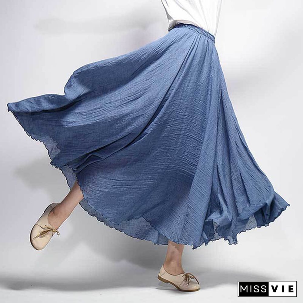 Women Linen Cotton Long Skirts Elastic Waist Pleated Maxi Skirts Beach Boho Vintage Summer Skirts Faldas Saia