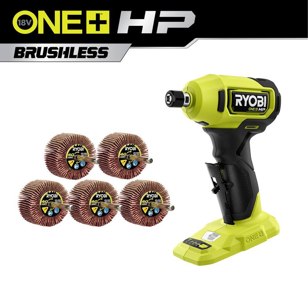 RYOBI ONE+ HP 18V Brushless Cordless Compact 14 in. Right Angle Die Grinder (Tool Only) with 40 Grit Flap Wheel Set (5-Piece) PSBDG01B-A91FW540