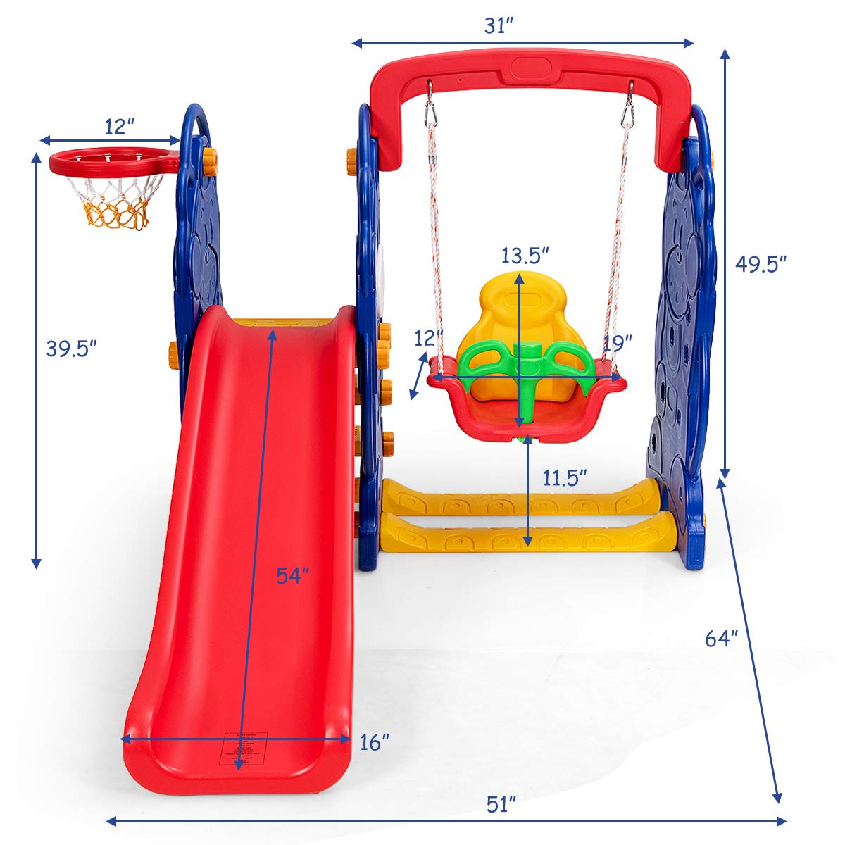 Costzon Toddler Climber and Swing Set, 4 in 1 Climber Slide Playset w/Basketball Hoop (3-in-1 Bear Slide & Swing Set)