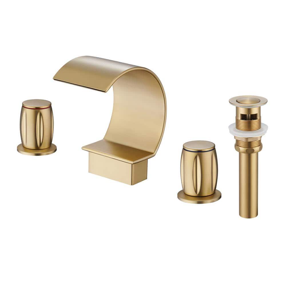 Mondawe Luxury C Arc Waterfall Spout 2Handle 8 in Widespread Bathroom Sink Faucet With Popup Drain in Brushed Gold