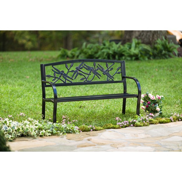 Evergreen Dragonfly Metal Garden Bench Black