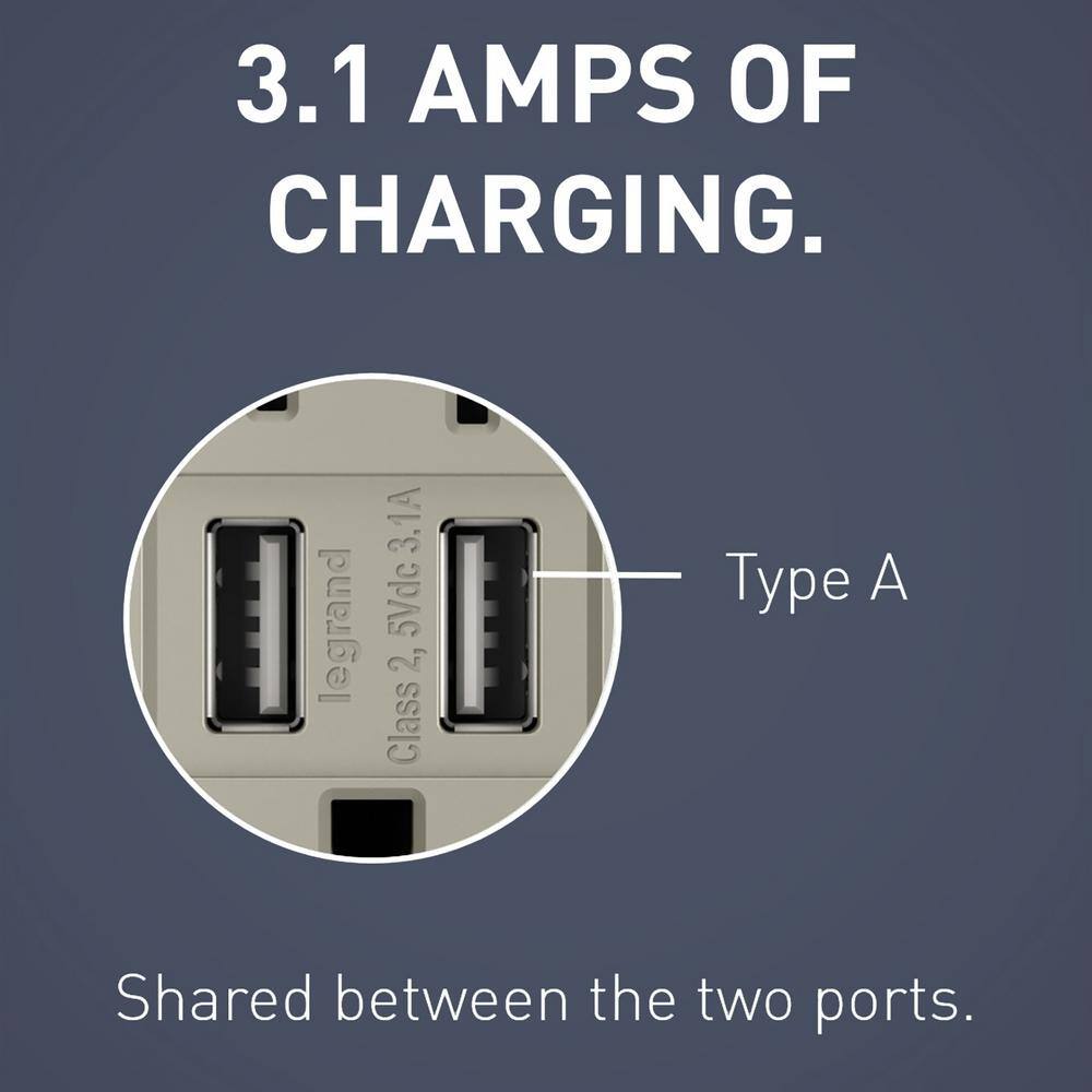 Legrand radiant 15 Amp 125 Volt Duplex Outlet with 3.1 Amp USB Nickel TM826USBNICCV4