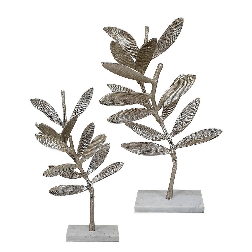 A B Home Intrinsic Leaf Aluminum Statuaries   Set of 2   Silver/White