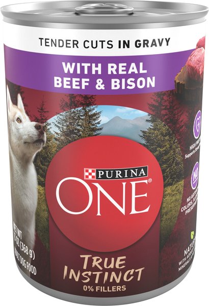 Purina ONE SmartBlend True Instinct Tender Cuts In Gravy Real Beef and Bison Wet Dog Food， 13-oz can， case of 12