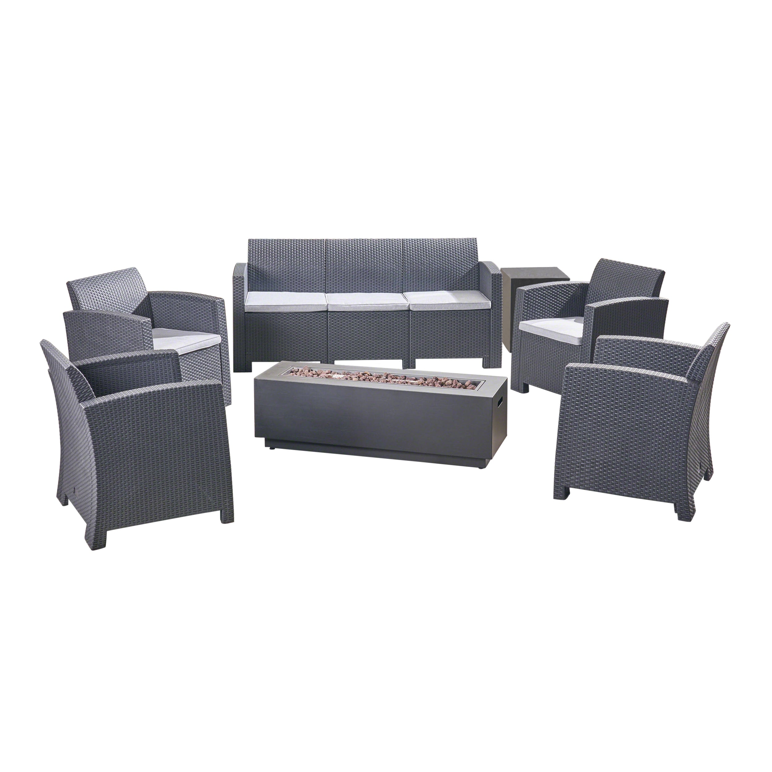 Dane Outdoor 7-Seater Wicker Print Chat Set with Fire Pit and Tank Holder, Charcoal with Light Gray and Dark Gray