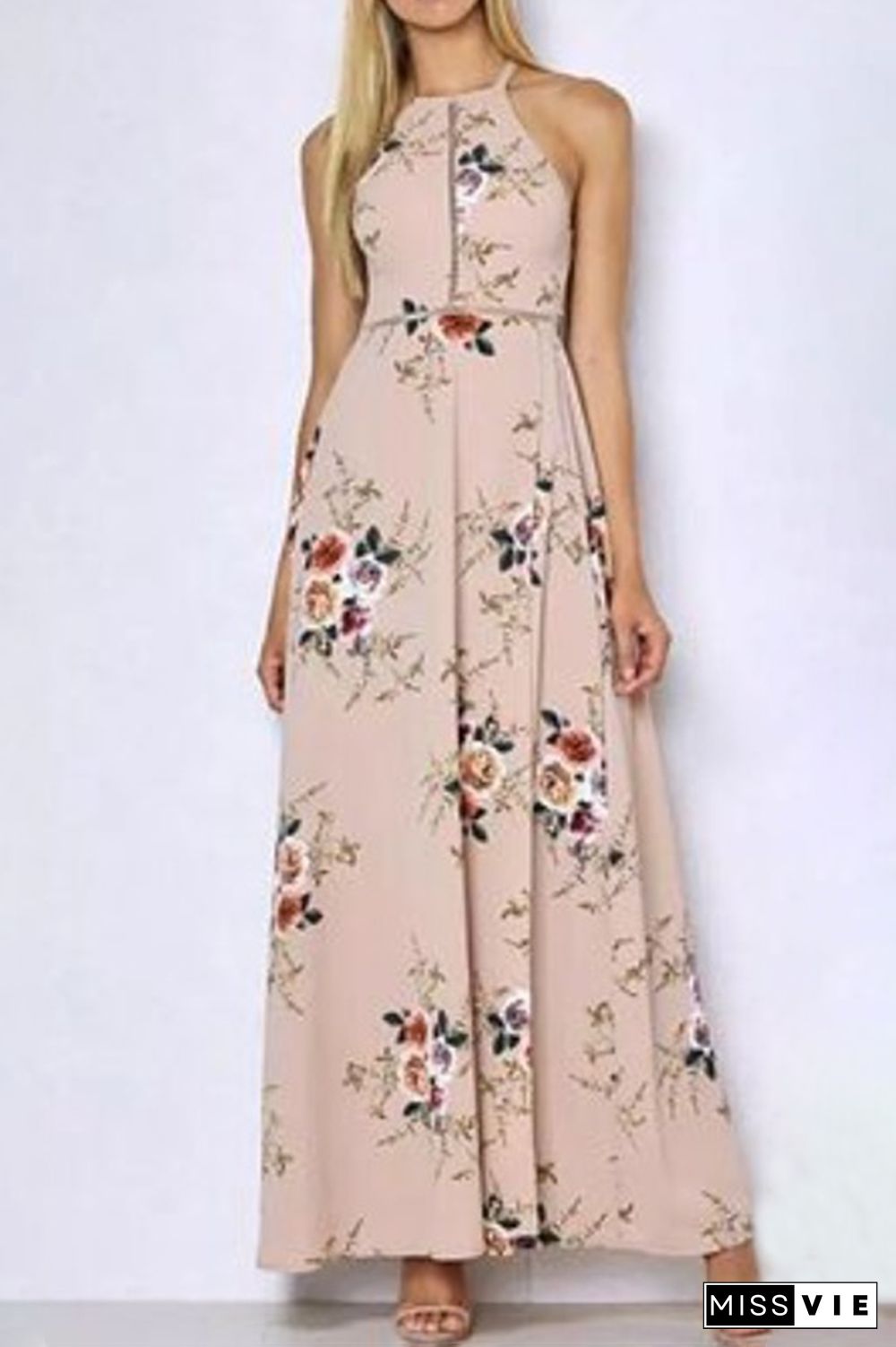 Elegant Floral Backless Slit Strap Design Halter Dresses(3 Colors)