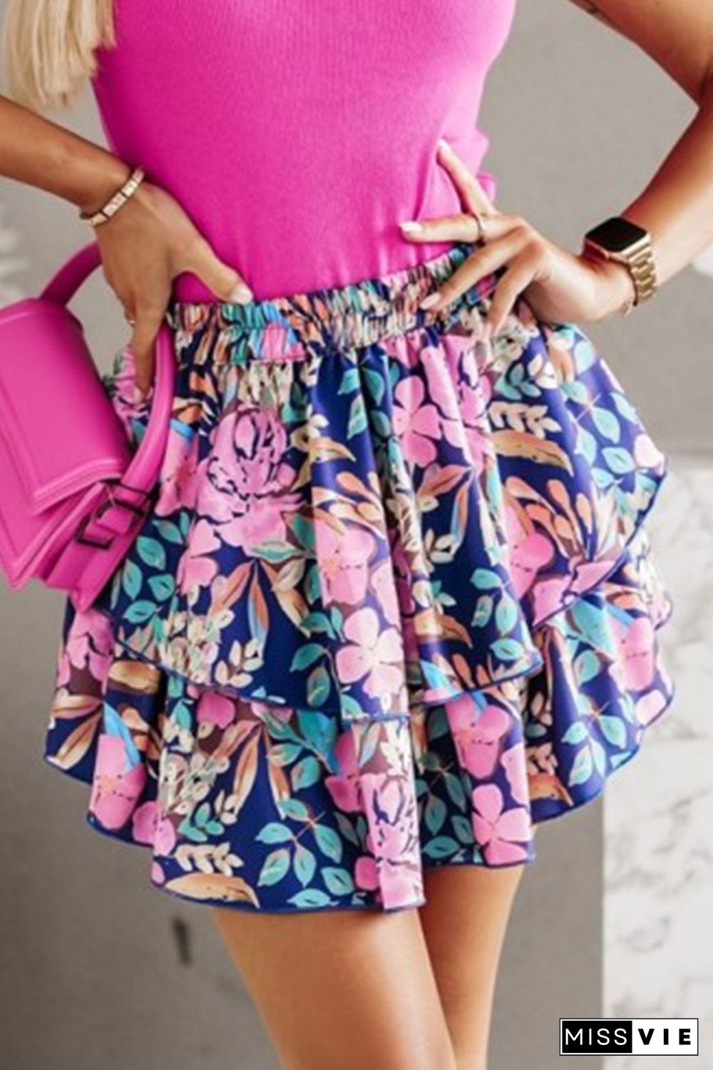 Purple Floral Elastic High Waist Tiered Ruffled Skirt