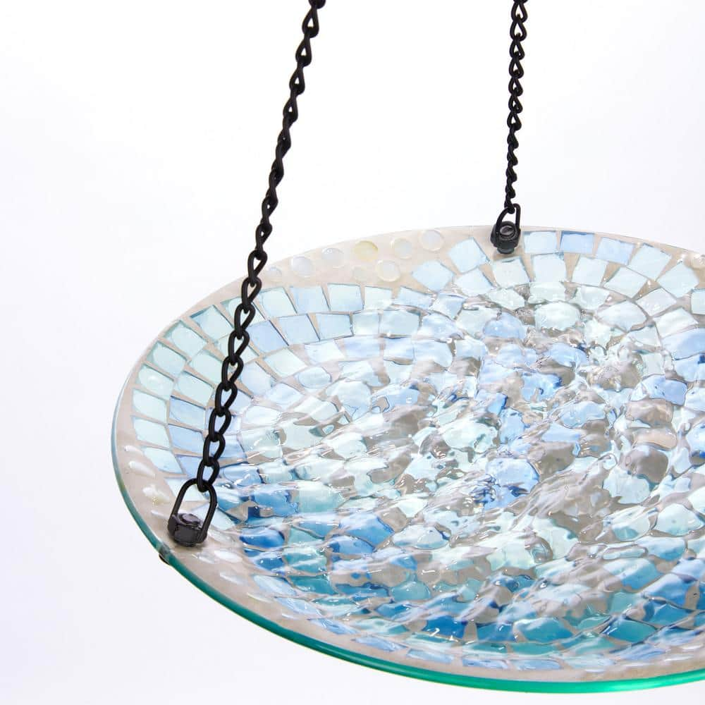 Alpine Corporation 10 in. Round Glass Mosaic Hanging Birdbath， Blue HMD212