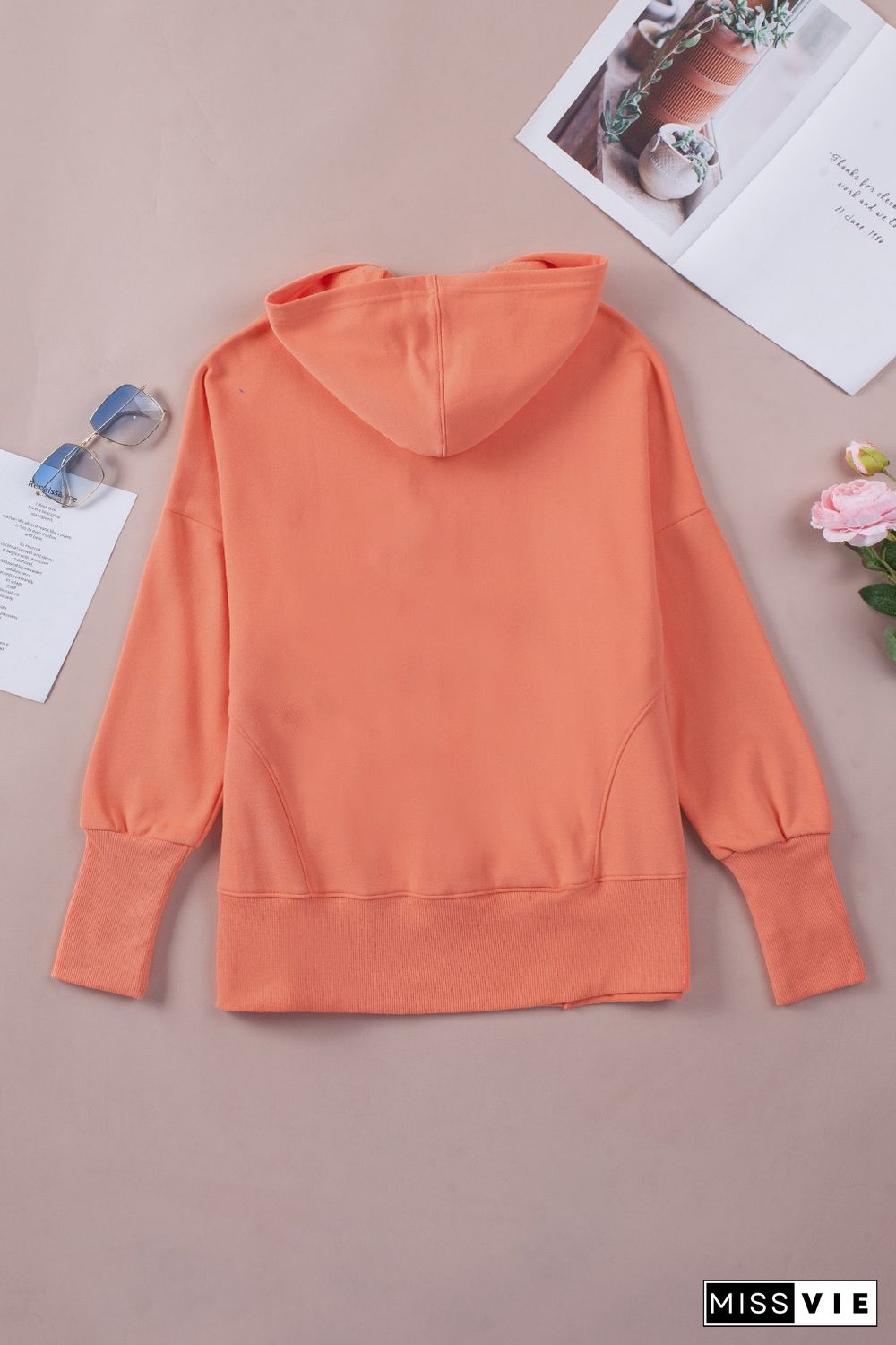 Orange Batwing Sleeve Pocketed Henley Hoodie