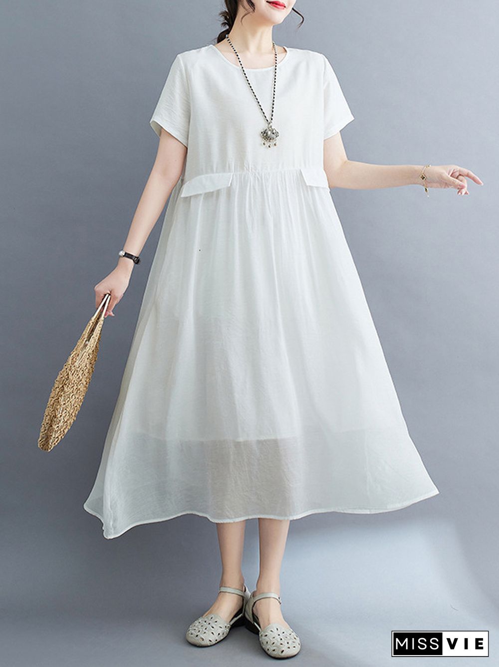 Loose Short Sleeves Gauze Solid Color Split-Joint Round-Neck Midi Dresses