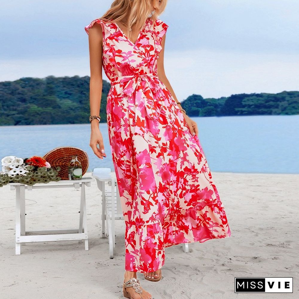 Elegant Floral Print Dress For Women Summer Dresses New Skinny V-Neck Short Flyer Sleeves Lace-up A-line Maxi Dress