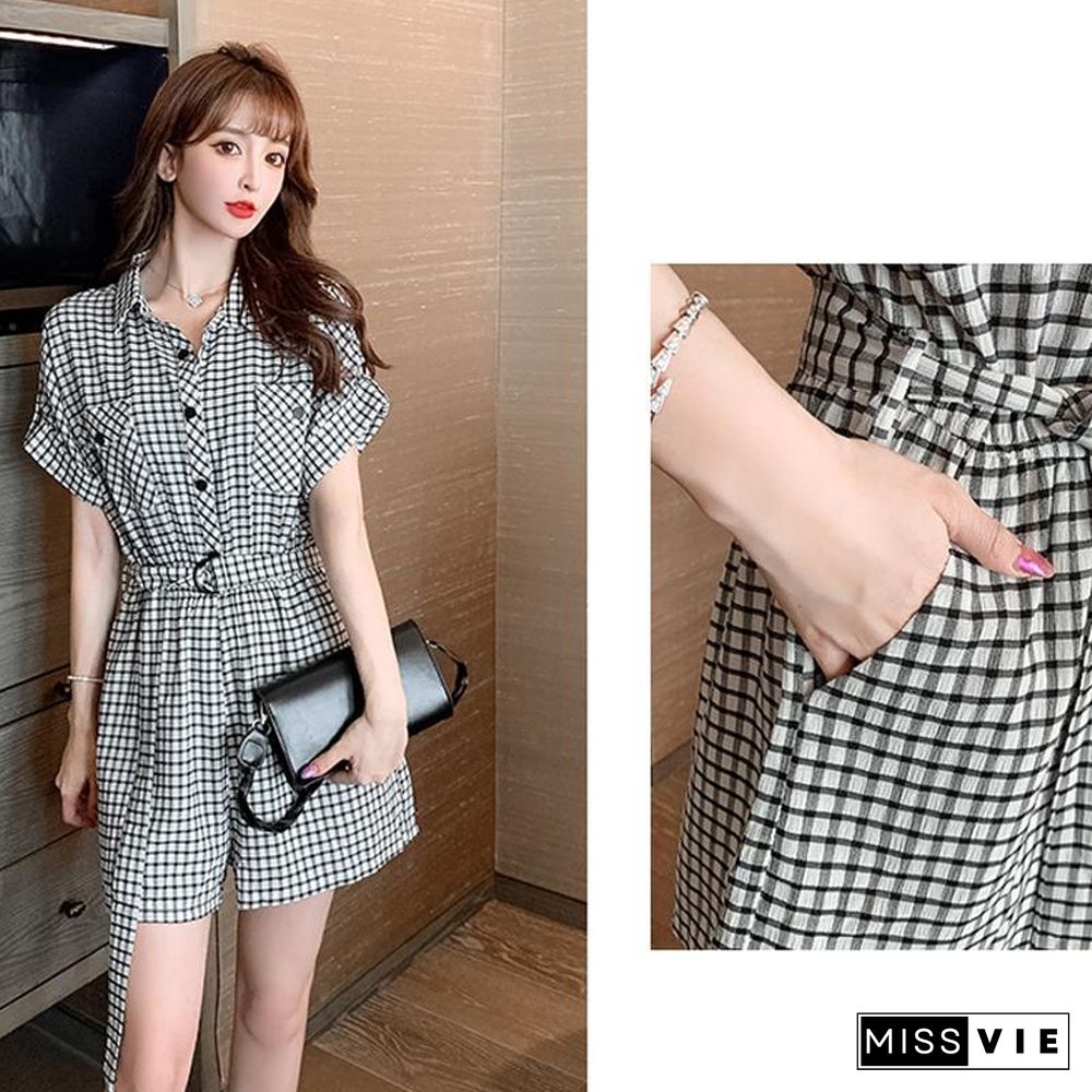 Plaid Lapel Belt Loose Rompers P13923