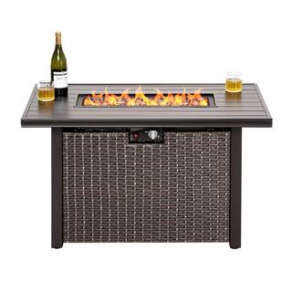 Nuu Garden 44 in. Rectangle Brown Aluminum Propane Gas Wicker Fire Pit Table 50000 BTU with Fire Glass Stone AF0015