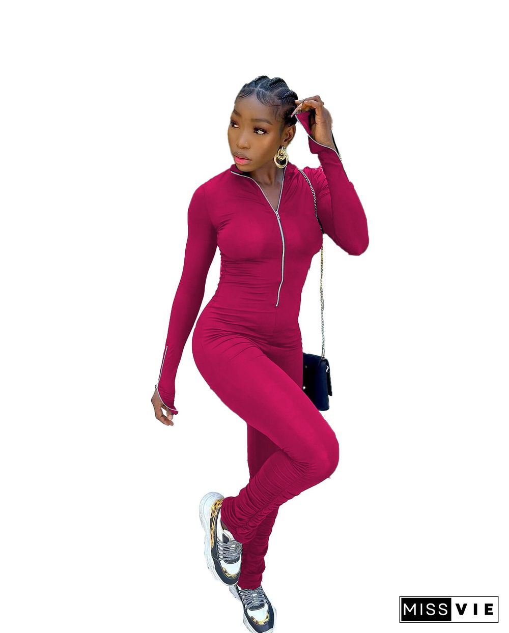 Solid Color Active Wear Zipper Pleated Jumpsuit