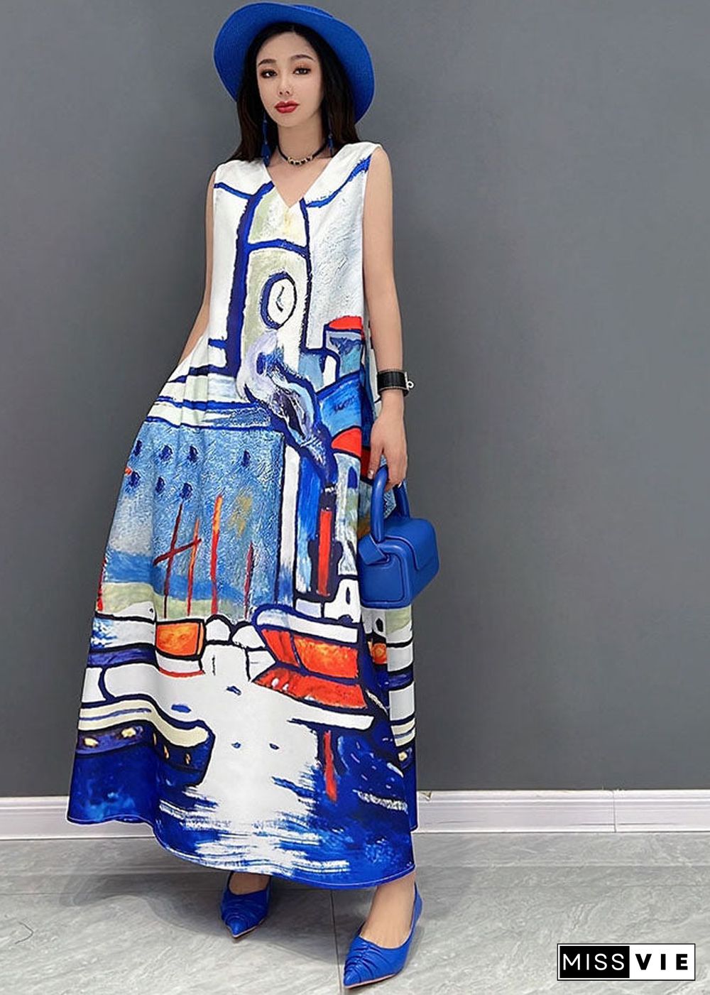 Beautiful White V Neck Graphic Print Chiffon A Line Long Dress Sleeveless