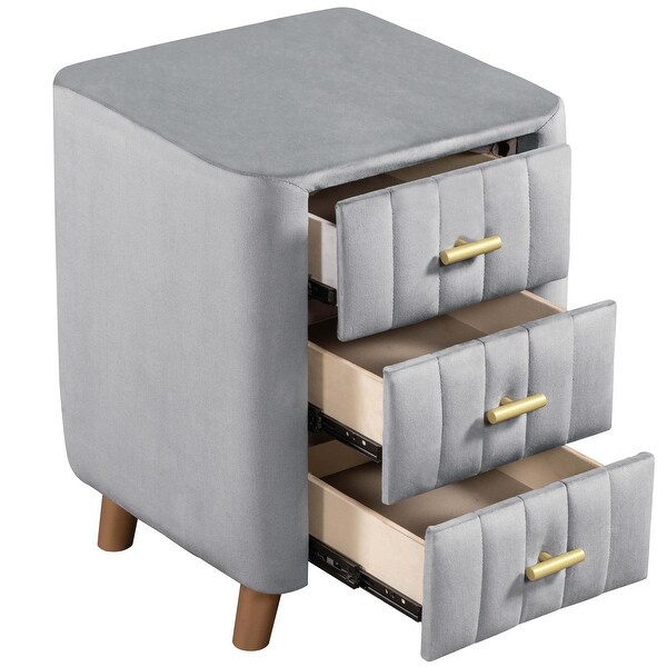 Modern Nightstand with 3 Drawers， Grey Velvet Upholstered Night Stand with Metal Handles， Grey - - 37970263