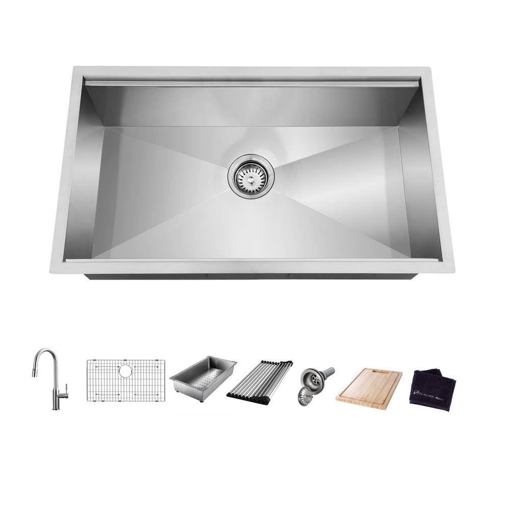 Glacier Bay All-in-One Zero Radius Undermount 18G Stainless Steel 30 in. Single Bowl Workstation Kitchen Sink with Pull-Down Faucet 4304F-1