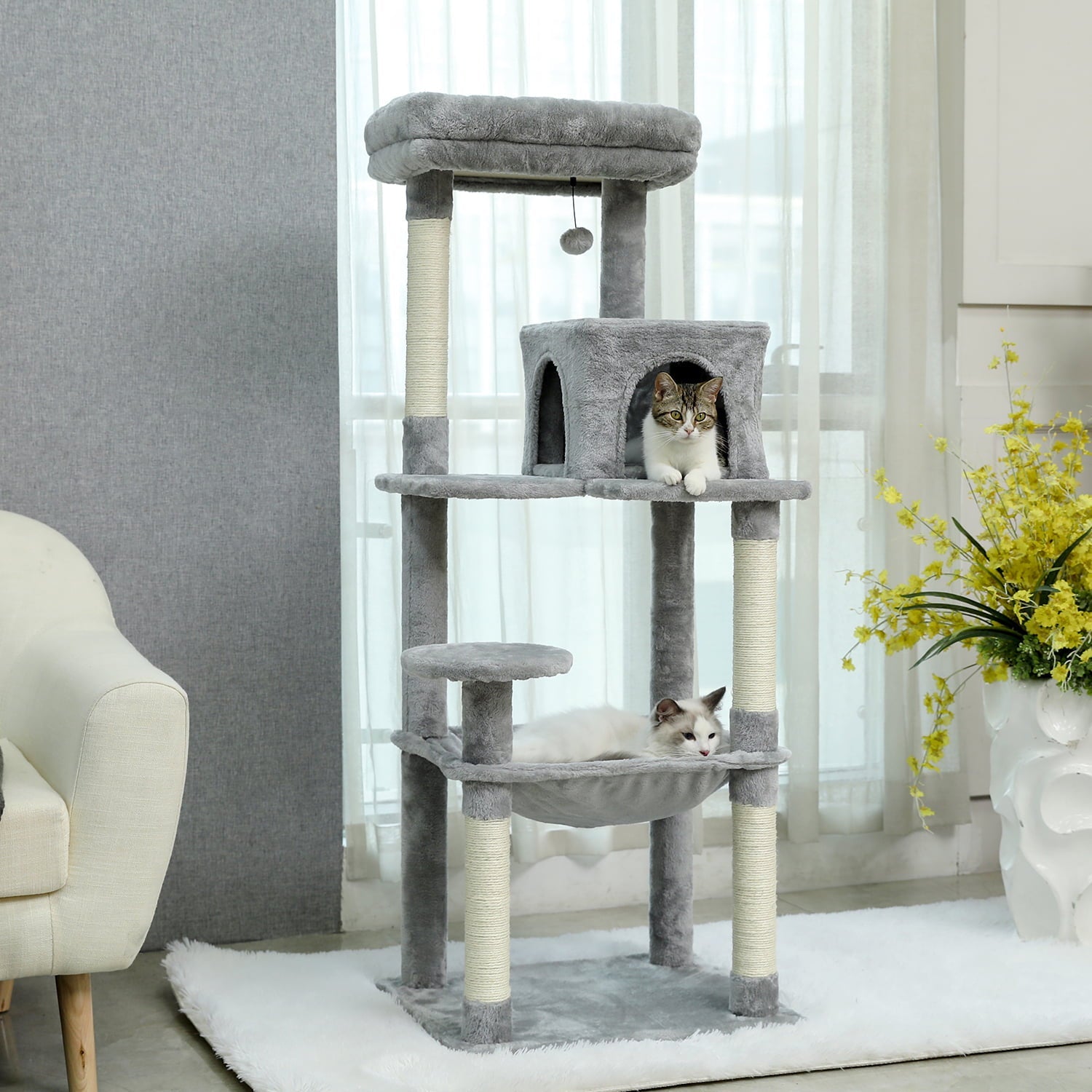 HDJ 56 Inch Cat Tree,Cat Tower with Sisal Scratching Post, Cozy Condo, Top Perch, Hammock and Dangling Ball,Gray