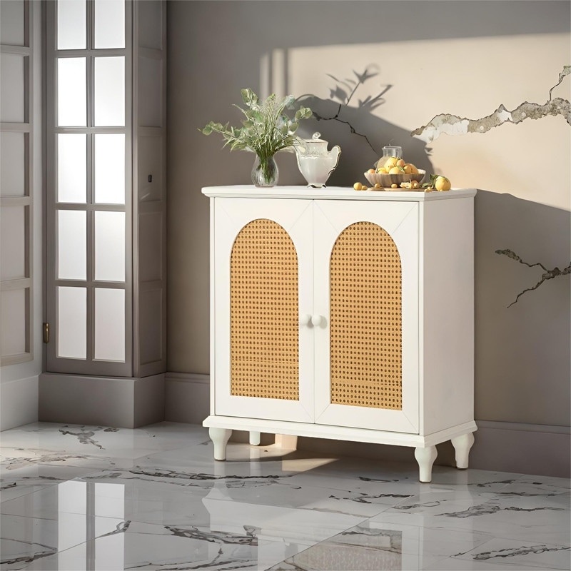 Rattan Storage Cabinet with Door and Adjustable Shelves  Antique White