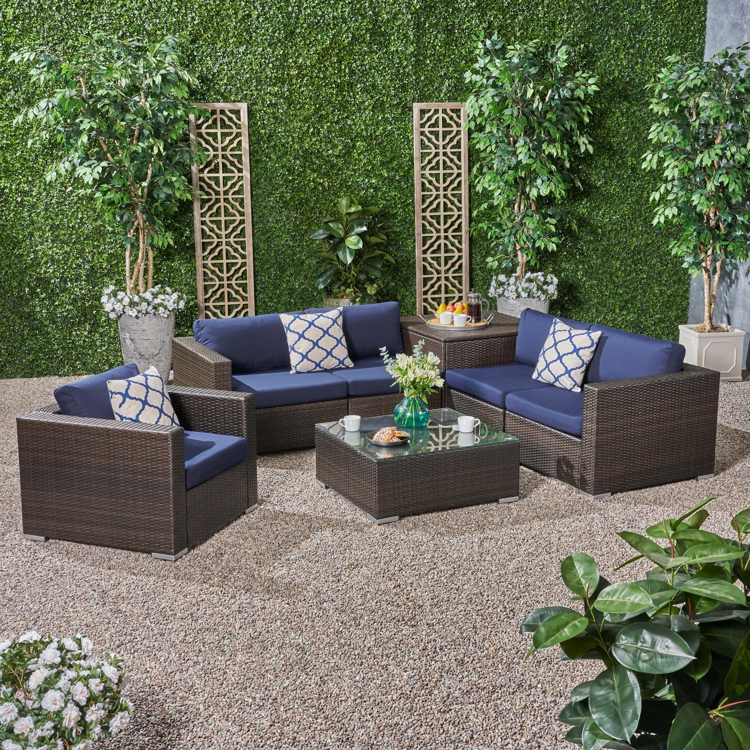 Kyra Outdoor 5 Seater Wicker Sectional Sofa Set with Storage Ottoman and Sunbrella Cushions