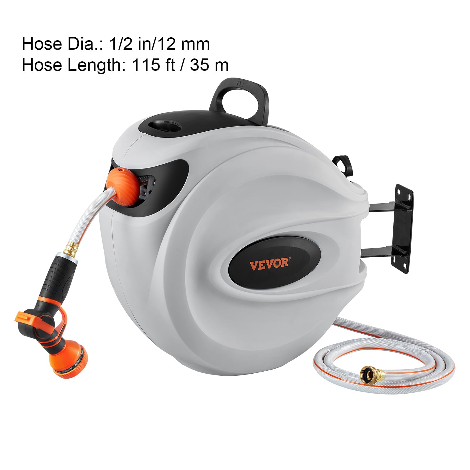 BENTISM Retractable Hose Reel， 115 ft x 1/2 inch， 180° Swivel Bracket Wall-Mounted， Garden Water Hose Reel with 9-Pattern Nozzle， Automatic Rewind， Lock at Any Length， and Slow Return System