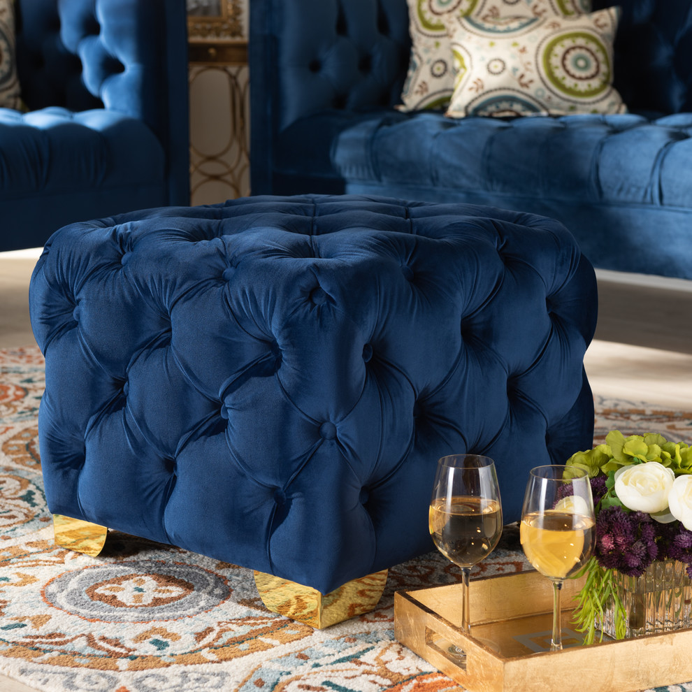 Ingram Luxe Royal Blue Velvet Fabric Gold Finished Button Tufted Ottoman   Contemporary   Footstools And Ottomans   by Baxton Studio  Houzz