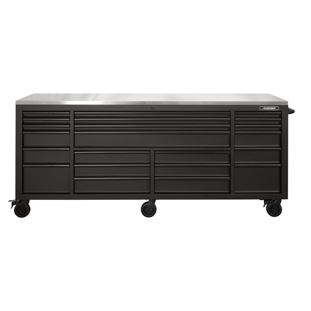 Husky 84 in. x W 24 in. D Heavy Duty 22-Drawer Mobile Workbench Tool Chest with Stainless Steel Work Top in Matte Black HOTC8422BB1M