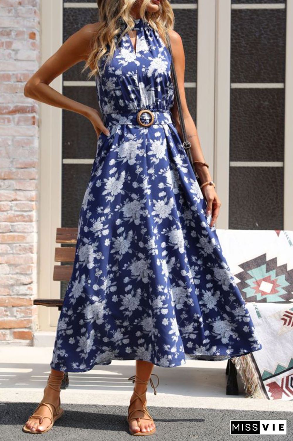 Floral Print Halter Sleeveless Dress Wholesale