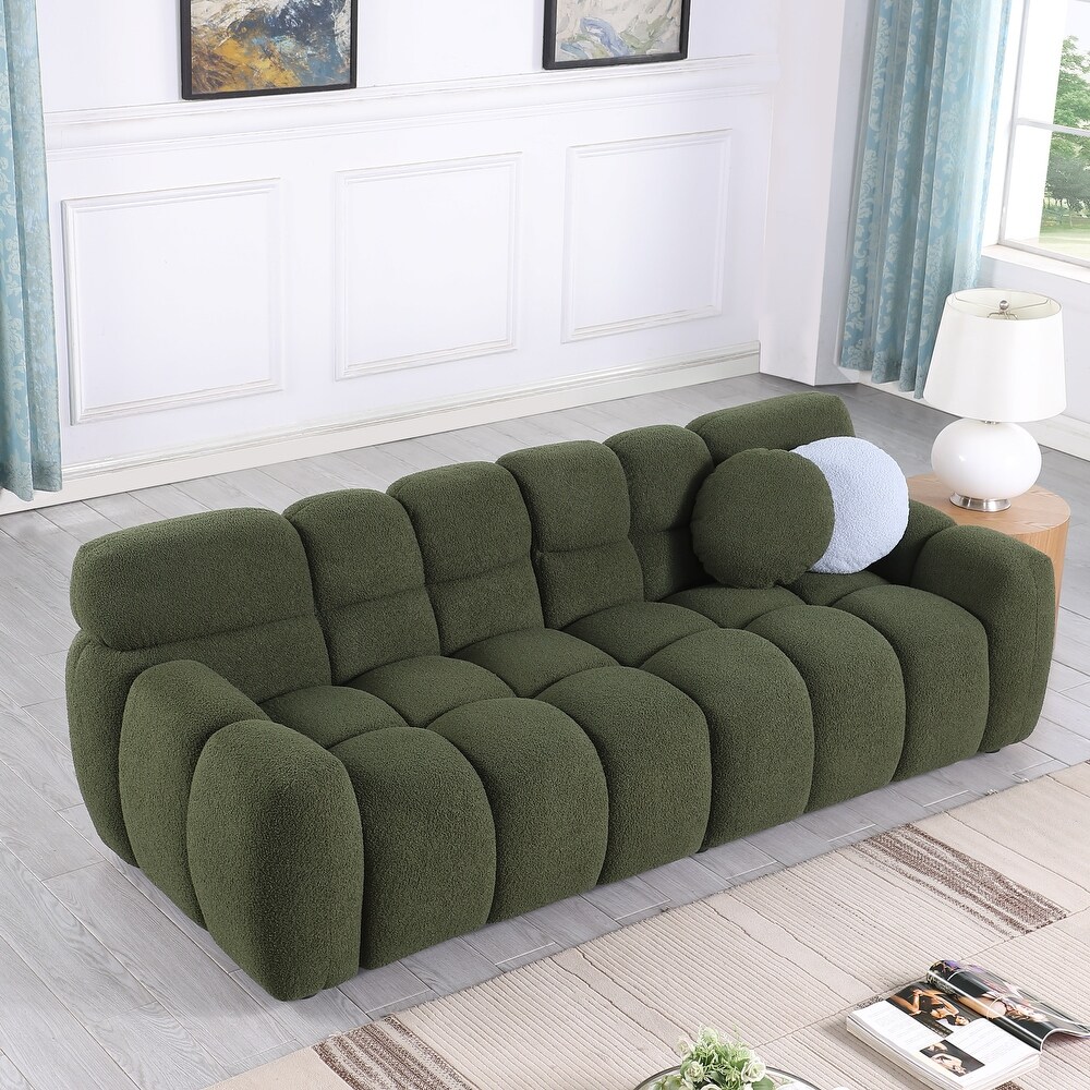 Boucle Loveseat Sofa Marshmallow Lounge Loveseat Sofa with Rolled Arms and Split Back  for Living Room Settee Chair  Olive Green