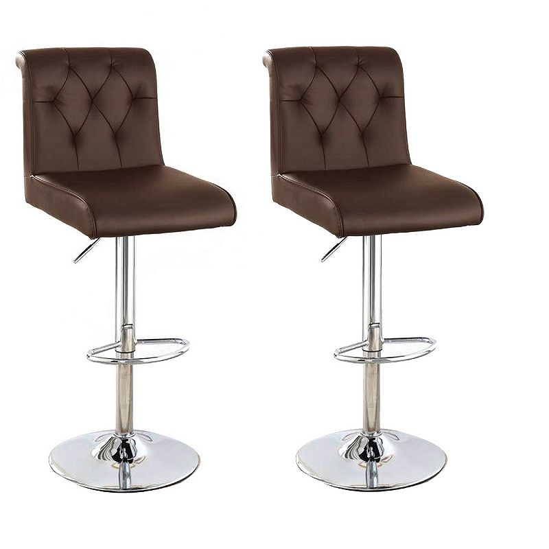 Adjustable Barstool with Rolled Button Tufted Back， Set of 2， Brown