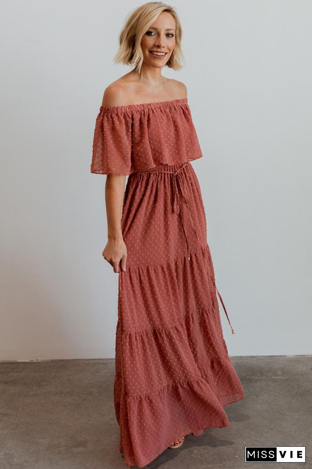 Rust Red Off Shoulder Ruffle Swiss Dot Maxi Dress