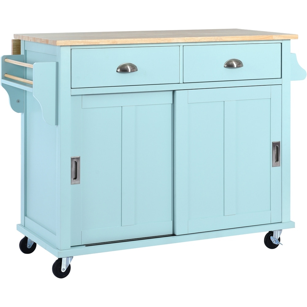 Kitchen Cart with Rubber wood Drop Leaf Countertop  Concealed Sliding Barn Door  Storage Cabinet   2 Drawers for Dinning Room