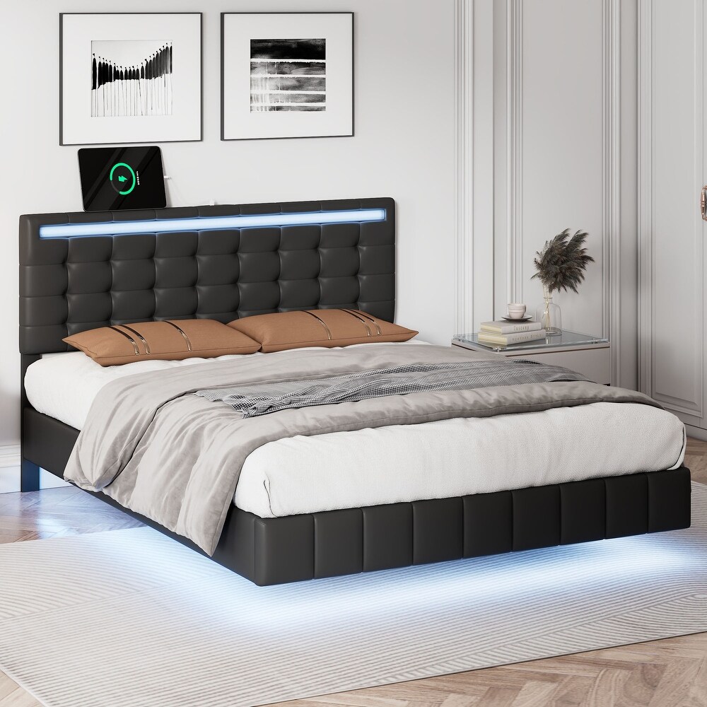 Floating Bed Frame with LED Lights and USB Charging Modern Upholstered Platform LED Bed Frame