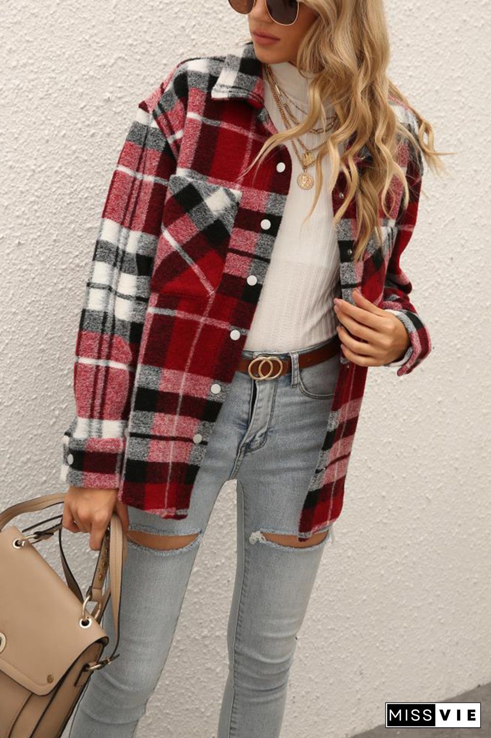 Plaid Single-breasted Thick Coat Women Shacket Jacket Wholesale