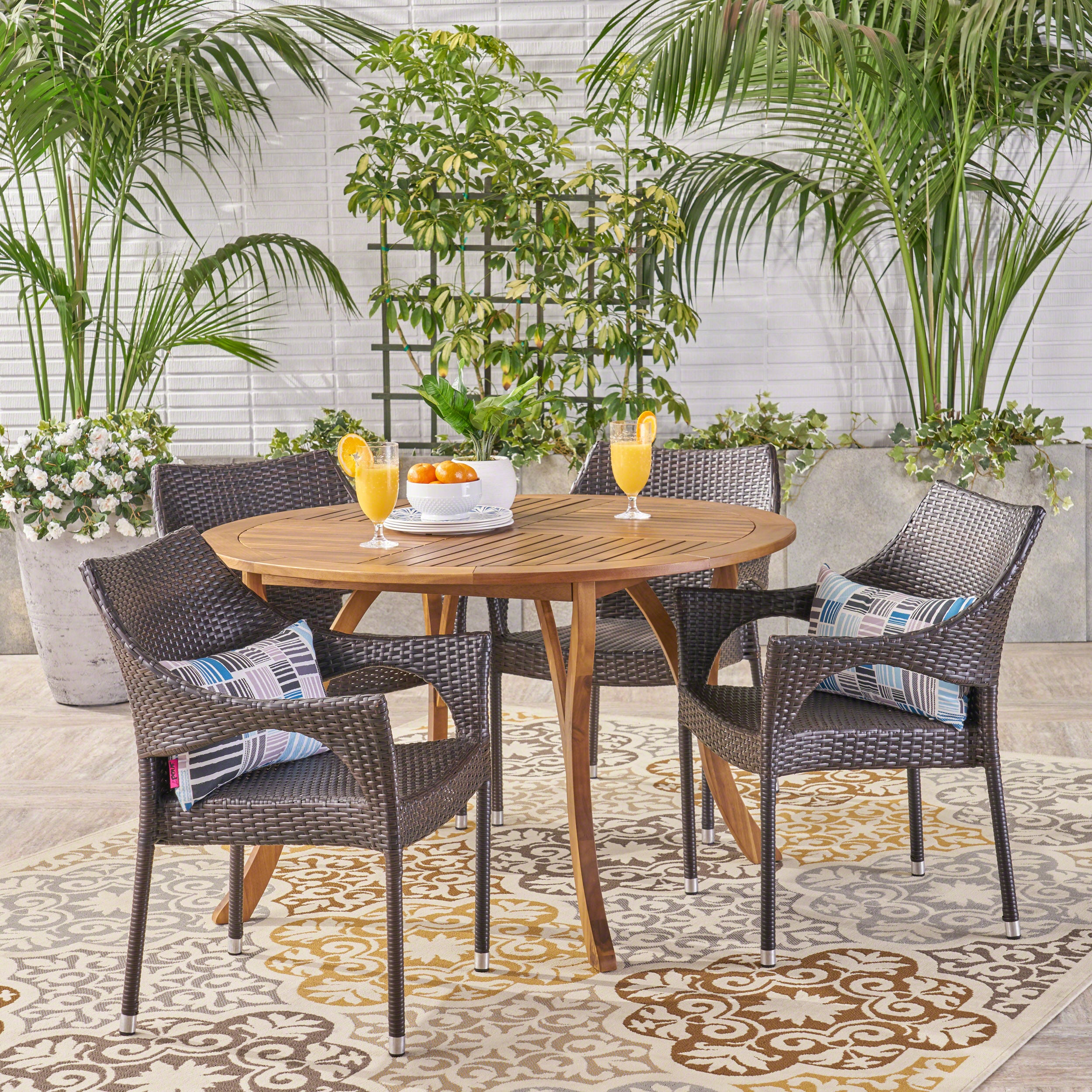 Chantelle Outdoor 5 Piece Acacia Wood and Wicker Dining Set