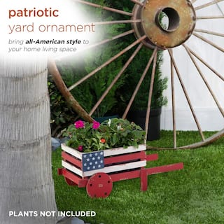 Alpine Corporation 9 in. Tall IndoorOutdoor Rustic Wooden American Flag Wheelbarrow Planter BKY100HH