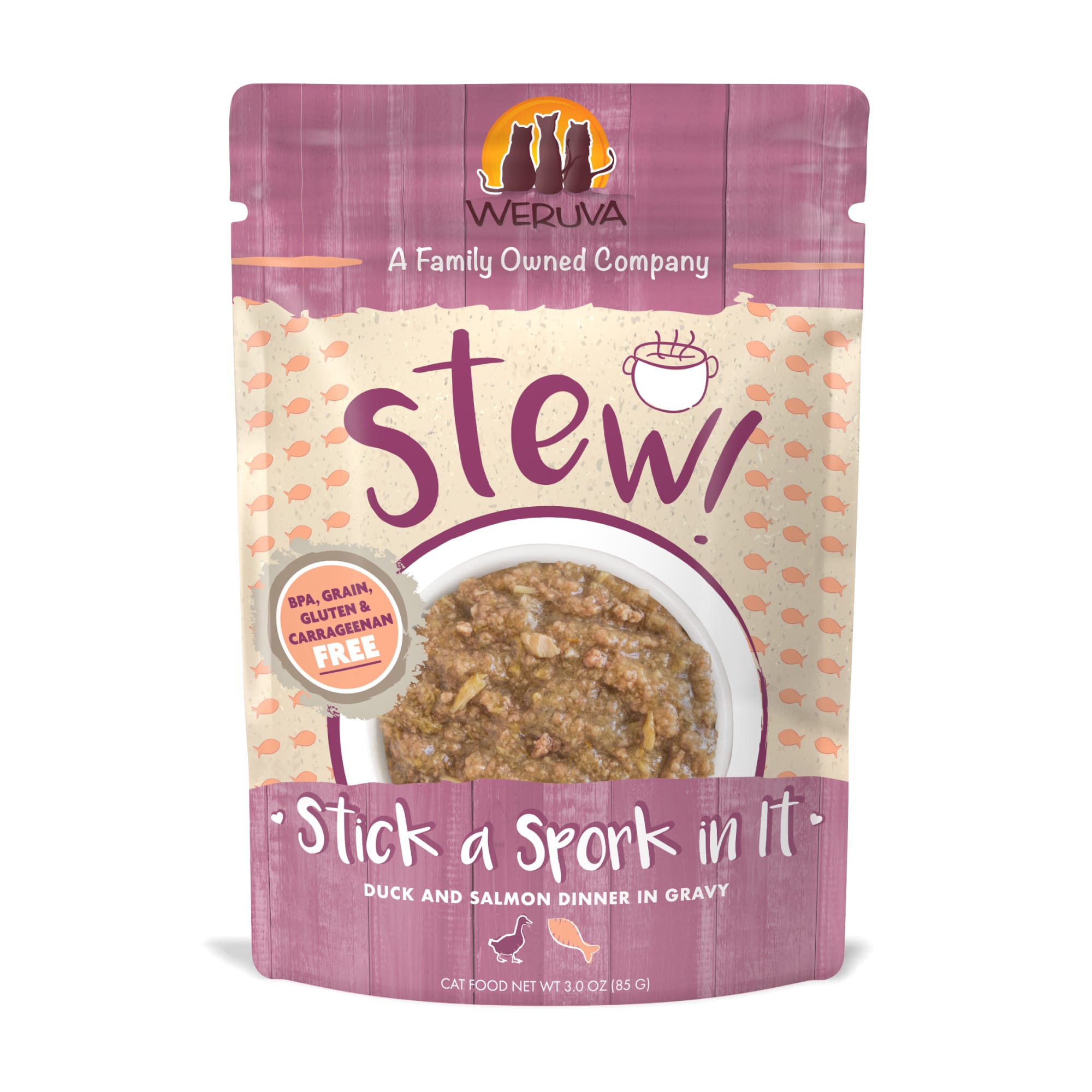 Weruva Stew! Stick a Spork In It Duck and Salmon Dinner in Gravy Wet Cat Food， 3 oz.， Case of 12