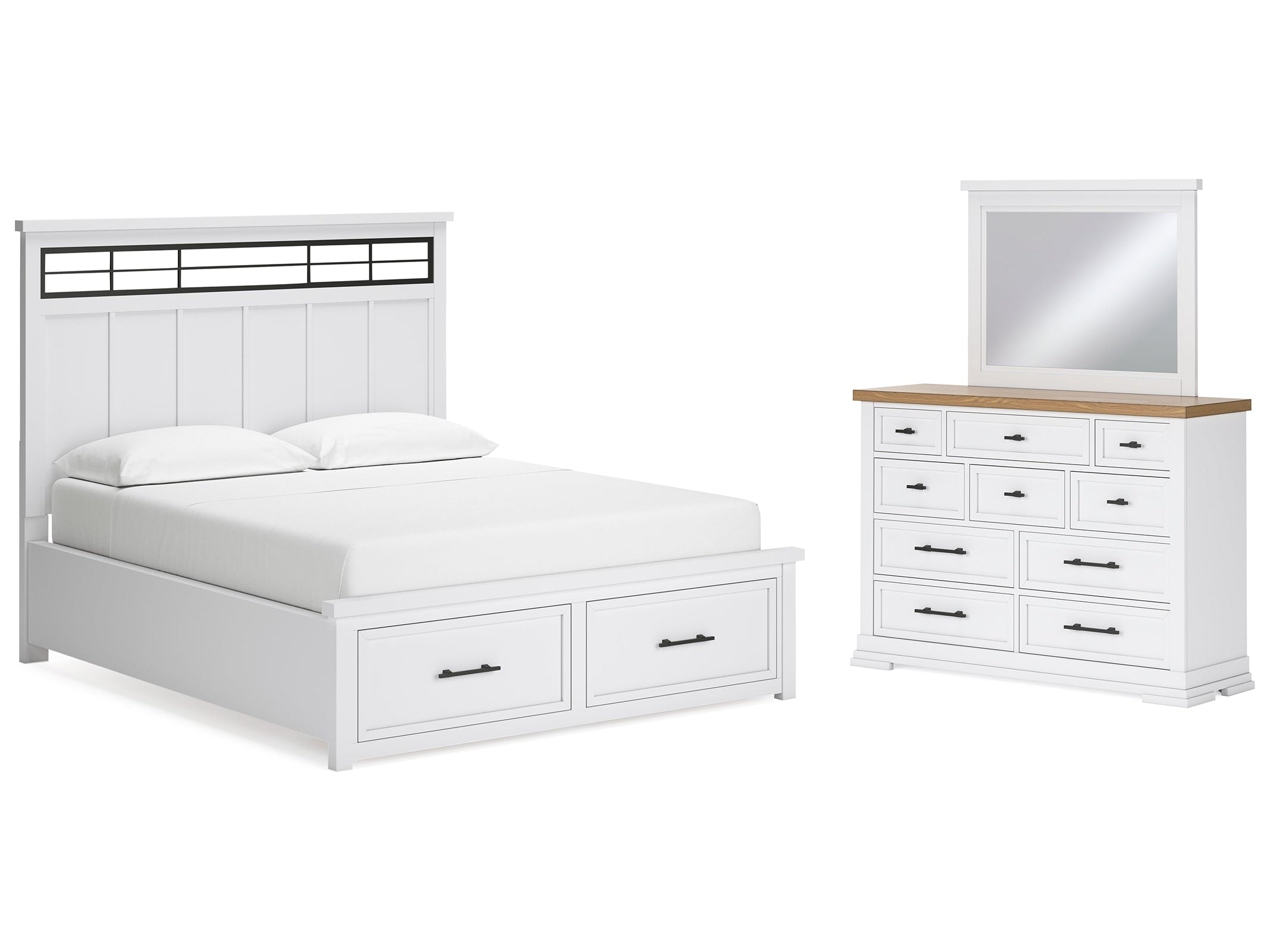 (Online Special Price) Ashbryn White/Natural California King Panel Storage Bedroom Set with Dresser and Mirror