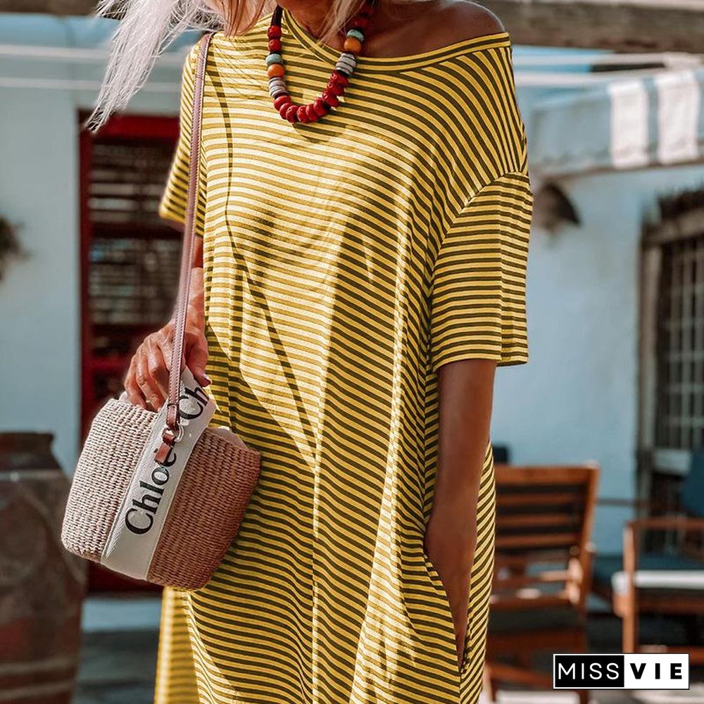 Stripe Contrast Short Sleeve Casual Daily Long Dress