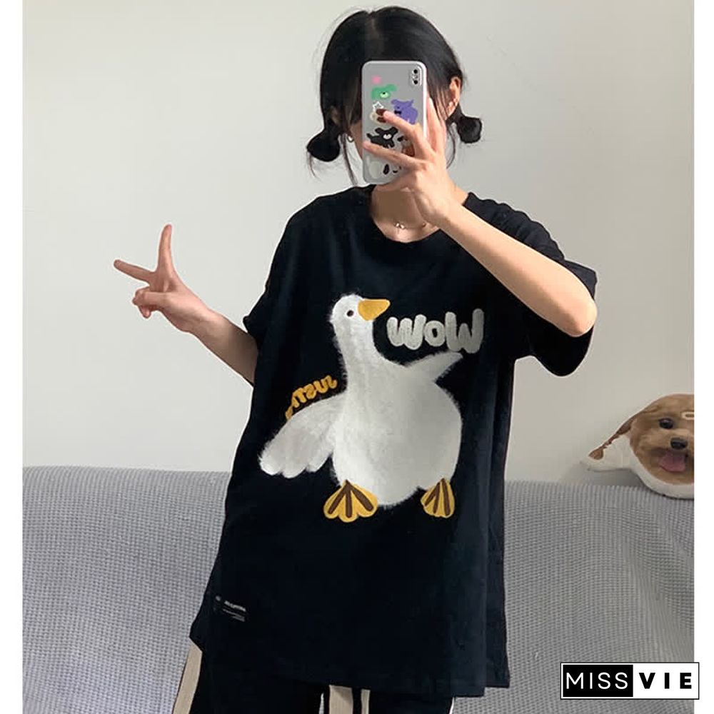 Cartoon Duck Embroidery Round Collar Casual T-Shirt