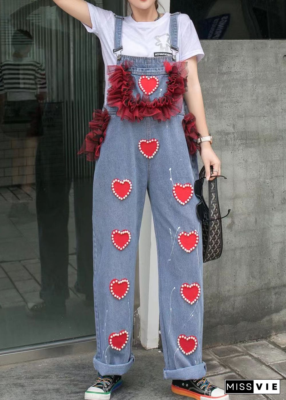 Blue Patchwork Spaghetti Strap Denim Jumpsuits Tulle Ruffled Heart Nail Bead Summer