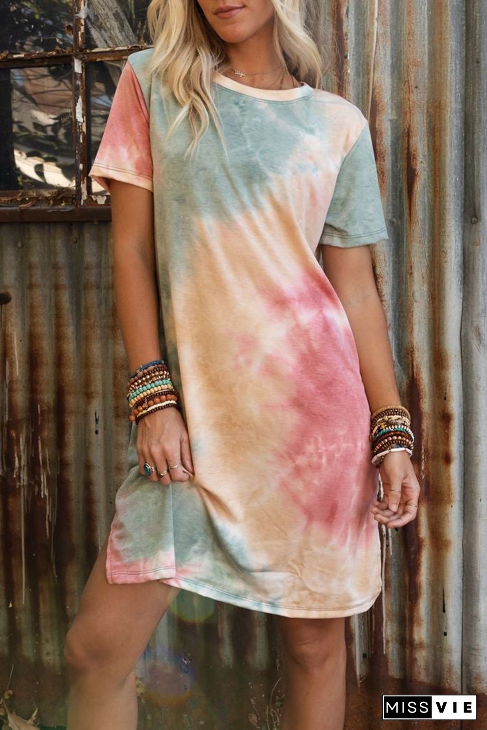 Multicolor Tie Dye Oversized Slit Tee Dress