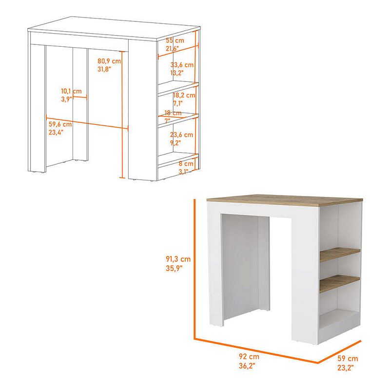 Harlan Kitchen Island， Counter Height Table Top with 3-Side Shelf