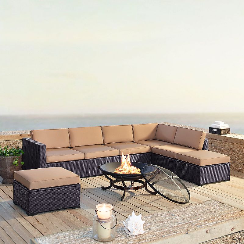 Crosley Furniture Biscayne Patio Wicker Loveseat， Chair and Fire Pit 8-piece Set