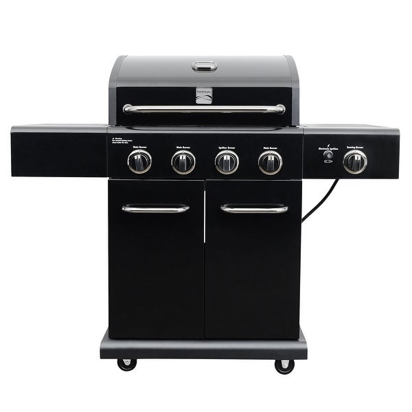 4-Burner Propane Gas Grill with Searing Side Burner in Black with Black Chrome Accent