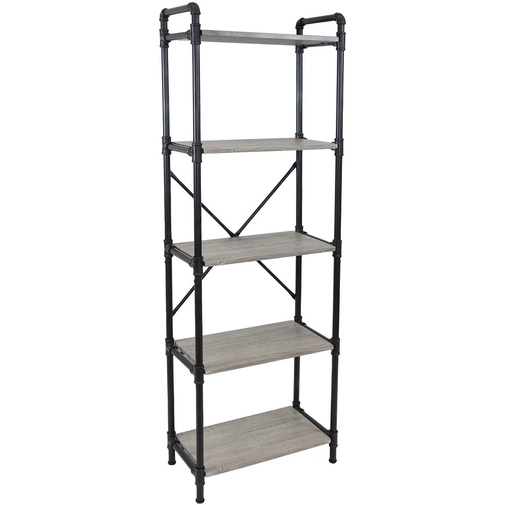 5 Tier Black Pipe Bookshelf with Wood Veneer Shelves