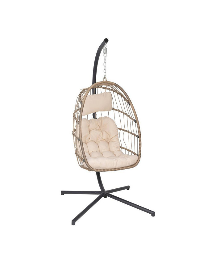 MERRICK LANE Riley Foldable Woven Hanging Egg Chair With Removable Cushion And Stand For Indoor And Outdoor Use