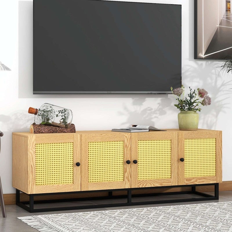 TV Stand Entertainment Cabinet with 4 Textured Rattan Doors and 2 Adjustable Panels