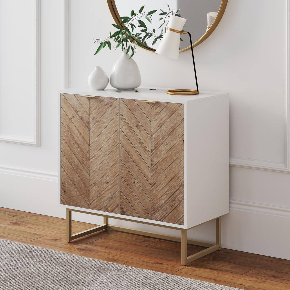 Nathan James Enloe White Frame with Brown Rustic Doors and Gold Base Free Standing Modern Storage Cabinet for Entryway or Living Room 71201