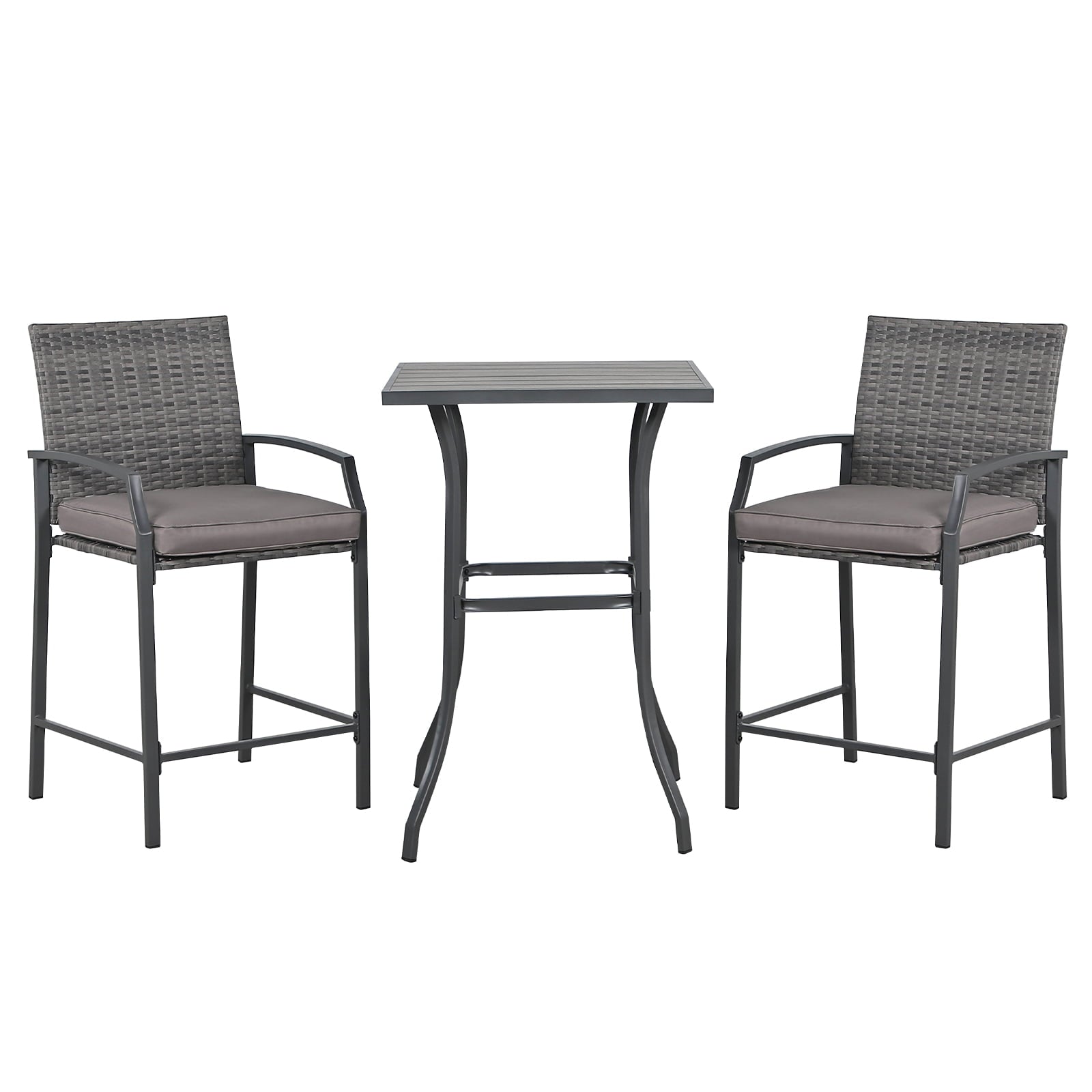 OC Orange-Casual Patio Bar Set， All-Weather Wicker， 2 Height Rattan Bar Stools with Wood Grain Top Coffee Table， for Porch， Garden， Bistro， Grey Cushion， 3-Piece